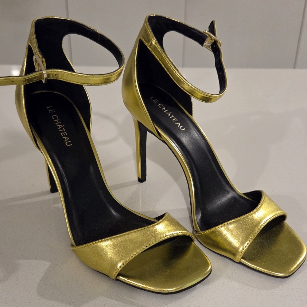 le chateau Metallic Gold Ankle-Strap Stiletto Sandals